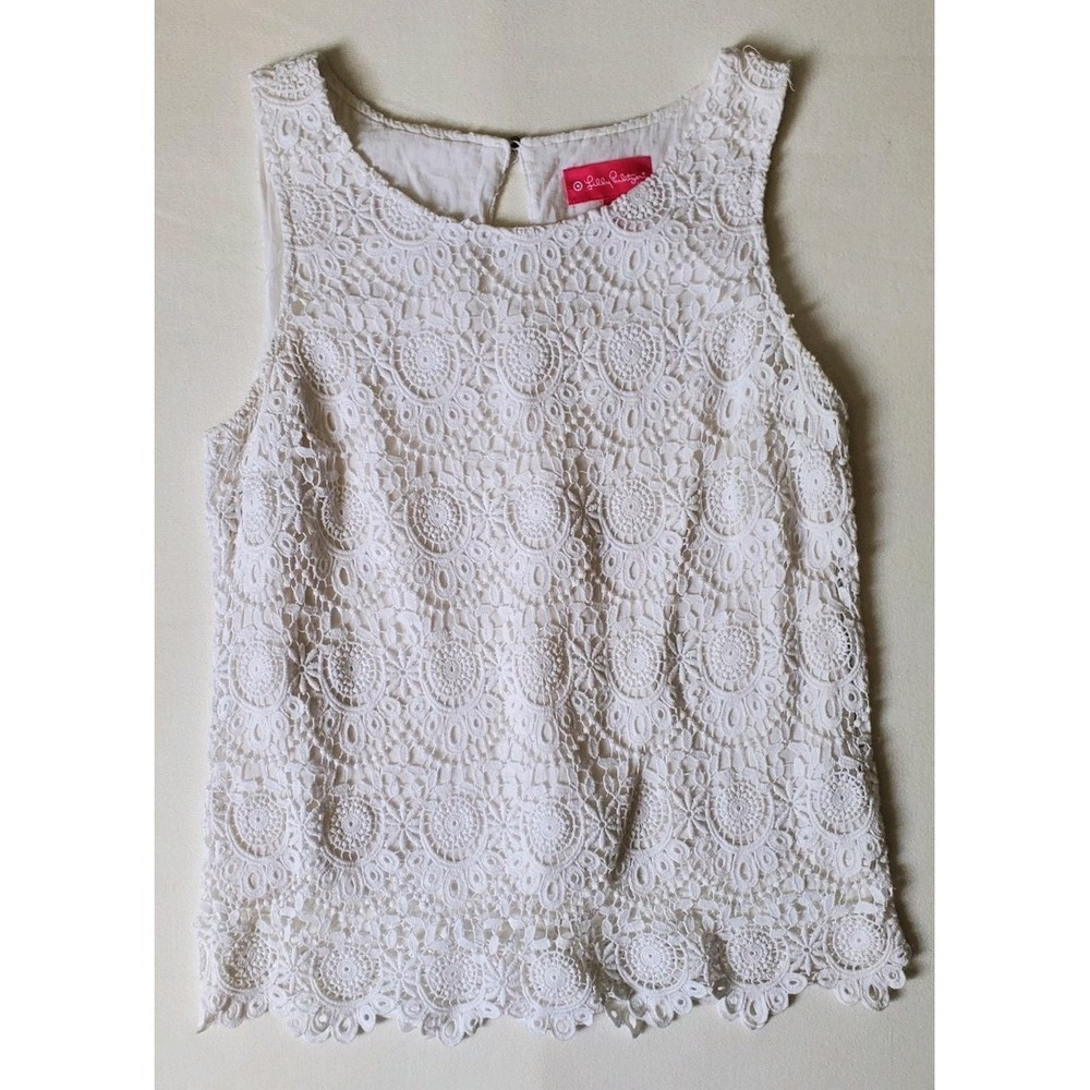 Lilly Pulitzer Target White Floral Crochet Scalloped Edge Tank Top Sz L